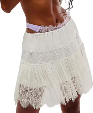 Women Y2k Lace Mini Skirt Half Slip Low Rise Ruffle Skirts Satin Patchwork Lace Trim Pleated Short Skirts Party