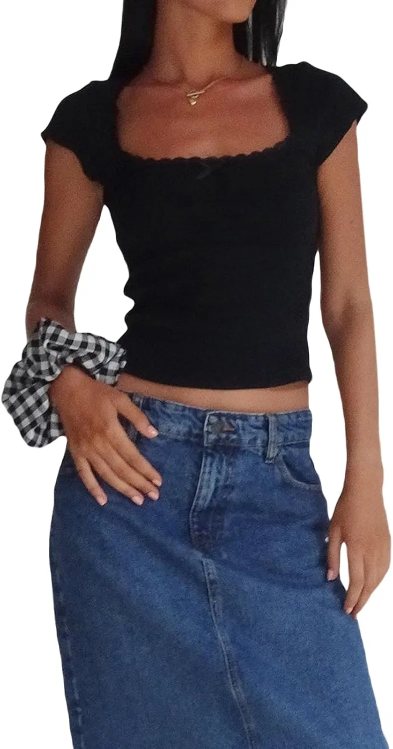 Women Y2k Lace Trim Tee Shirt Vintage Short Sleeve V Neck Crop Top Fairy Grunge Slim Fit Shirt Summer Streetwear