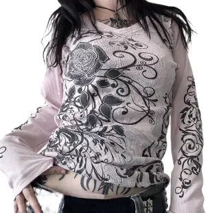 Women Y2k Long Sleeve Grunge Shirts Vintage Gothic Graphic Tees Top Teen Girls Aesthetic T Shirt Emo Clothes