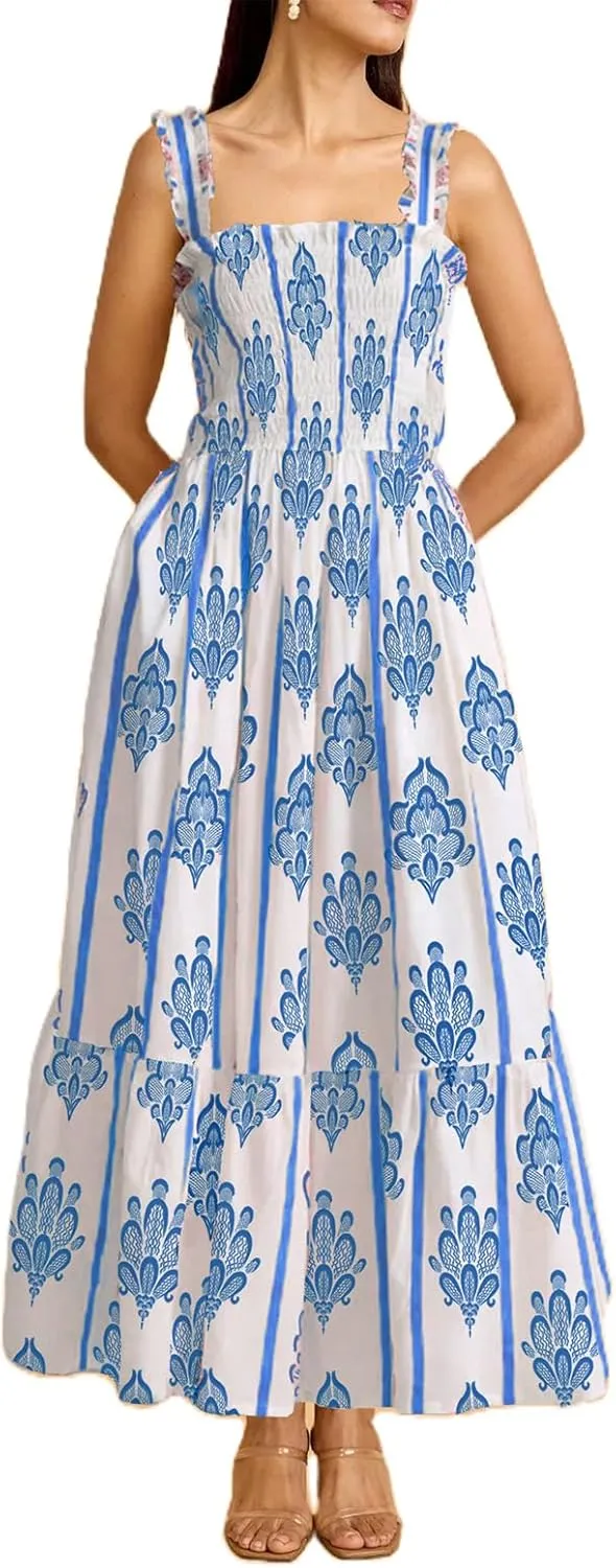 Women Y2K Patchwork Floral Maxi Dress Tie Shoulder Smocked A Line Flowy Long Dress Boho Ruffle Beach Sundress