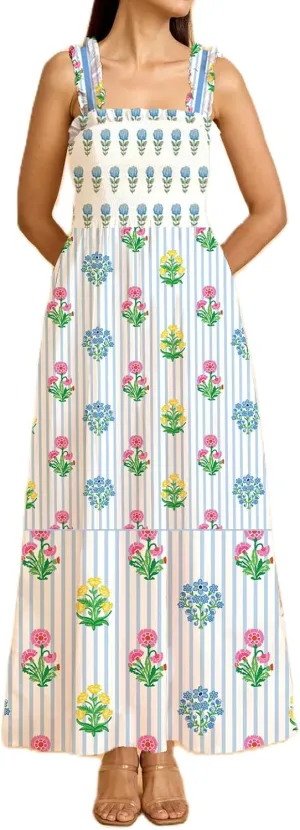 Women Y2K Patchwork Floral Maxi Dress Tie Shoulder Smocked A Line Flowy Long Dress Boho Ruffle Beach Sundress