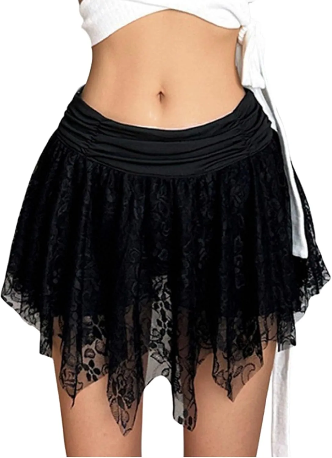 Women Y2k Ruffle Mini Skirt Asymmetrical Hem Pleated Skirt Lace Trim Layered Aline Short Skirt Aesthetic