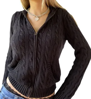 Women Y2k Zip Up Cropped Hoodies Vintage Solid Knit Cardigan Sweater Long Sleeve Drawstring Jacket Fairy Grunge Clothes