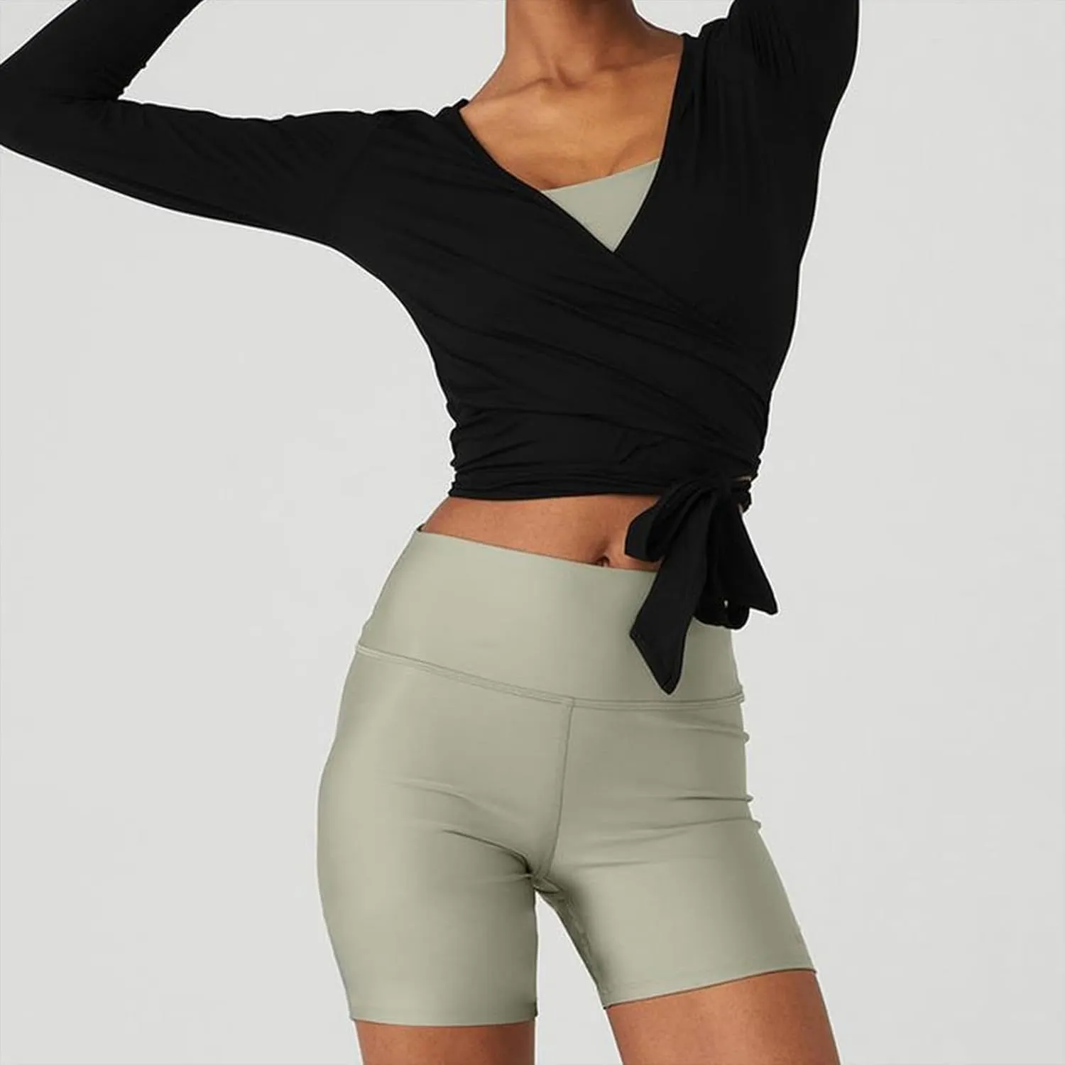 Women Yoga Y2k Cross Wrap Tie Crop Top Long Sleeve Deep V Neck Olid Slim Fit T Shirt Ballet Wrap Blouse Workout Top