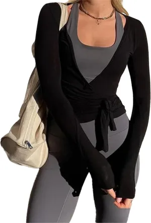 Women Yoga Y2k Cross Wrap Tie Crop Top Long Sleeve Deep V Neck Olid Slim Fit T Shirt Ballet Wrap Blouse Workout Top