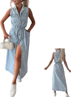 Women's 2025 Long Sleeveless Lace-Up Denim Dress, Lapel Sleeveless Denim Shirt Dress Button Down Belted Jean Dresses