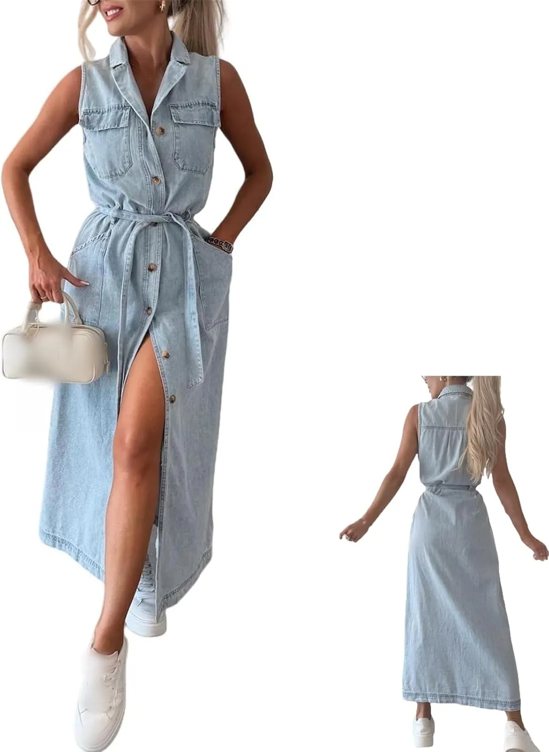 Women's 2025 Long Sleeveless Lace-Up Denim Dress, Lapel Sleeveless Denim Shirt Dress Button Down Belted Jean Dresses