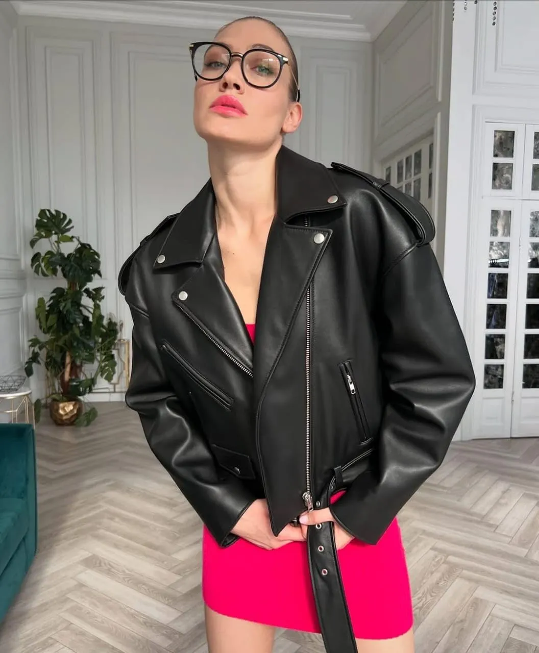 Womens 90'S Vintage Vibes & Modern Twist: Genune Leather Retro Stylish Oversized Biker Style Fashion Moto Jackets