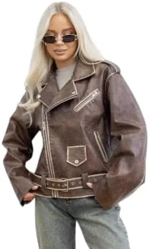 Womens 90'S Vintage Vibes & Modern Twist: Genune Leather Stylish Oversized Biker Style Fashion Moto Jackets