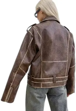 Womens 90'S Vintage Vibes & Modern Twist: Genune Leather Stylish Oversized Biker Style Fashion Moto Jackets