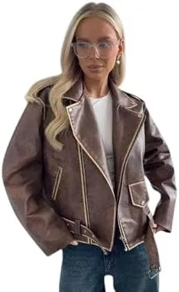 Womens 90'S Vintage Vibes & Modern Twist: Genune Leather Stylish Oversized Biker Style Fashion Moto Jackets