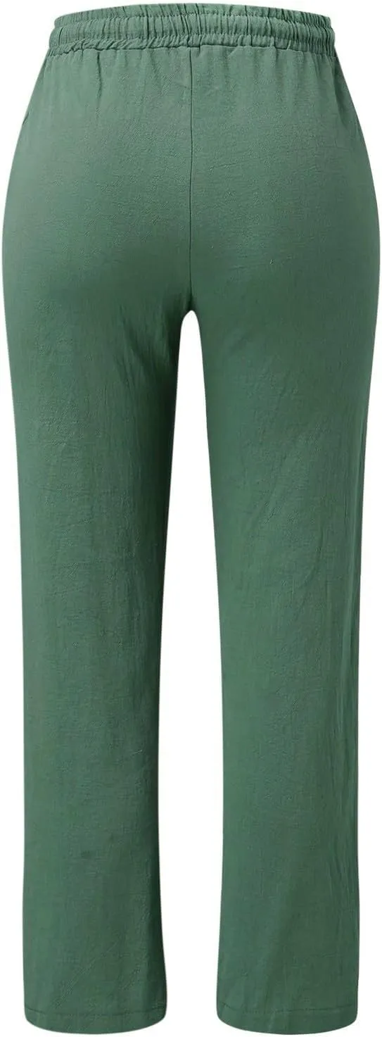 Womens Casual Cotton Linen Pants Lightweight Summer Relax Fit Elastic Waist Plus Size Solid Lounge Long Trousers