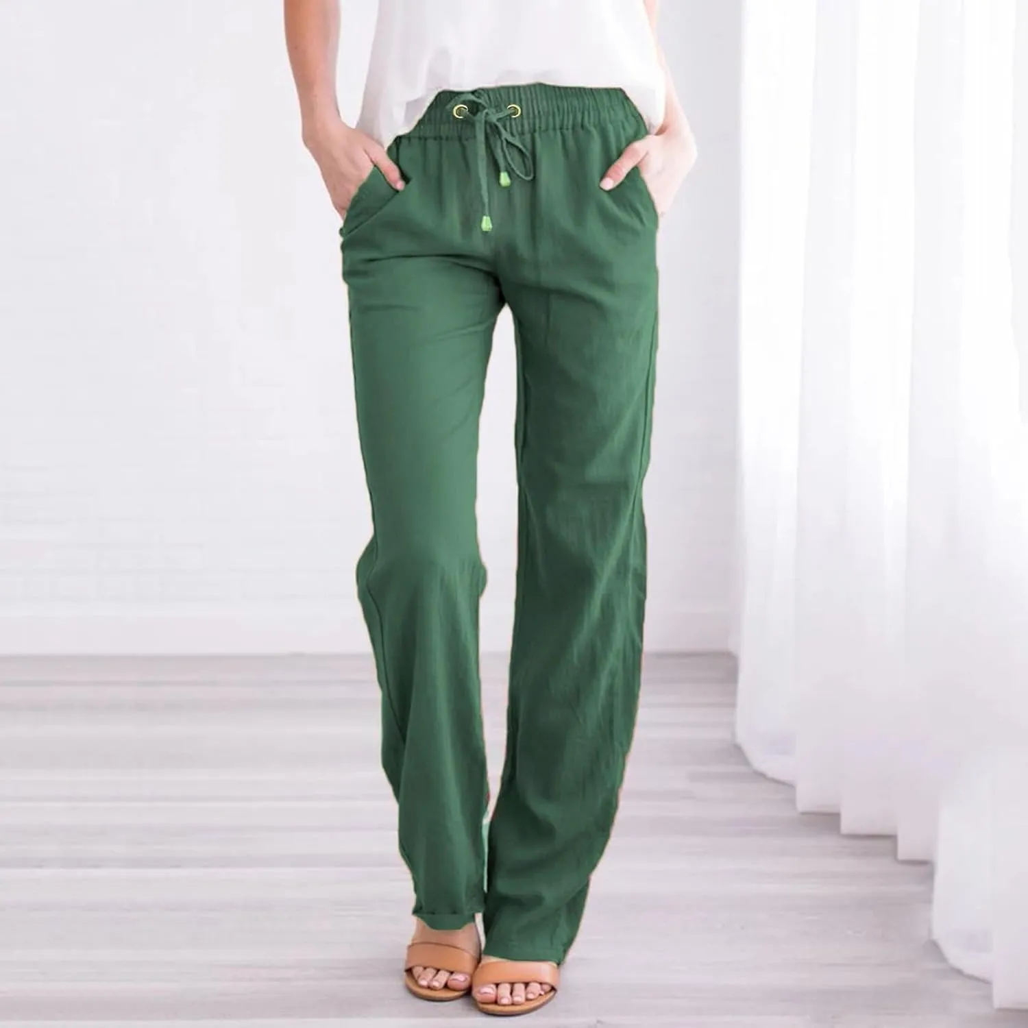 Womens Casual Cotton Linen Pants Lightweight Summer Relax Fit Elastic Waist Plus Size Solid Lounge Long Trousers