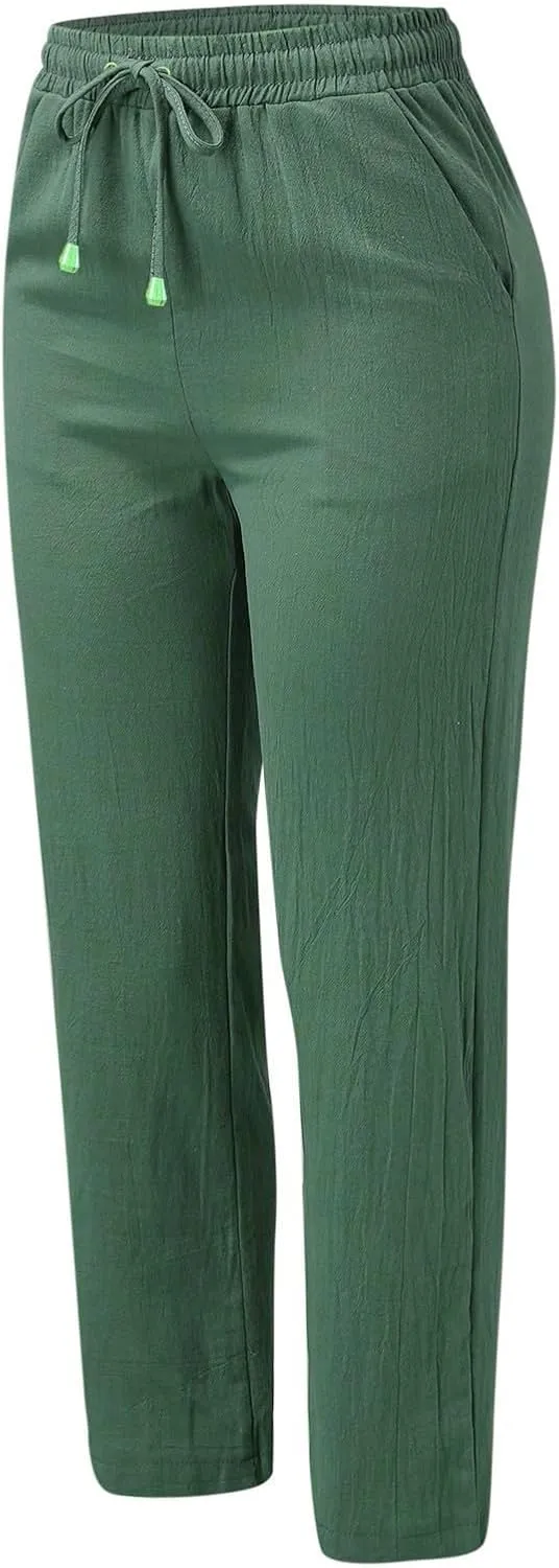Womens Casual Cotton Linen Pants Lightweight Summer Relax Fit Elastic Waist Plus Size Solid Lounge Long Trousers