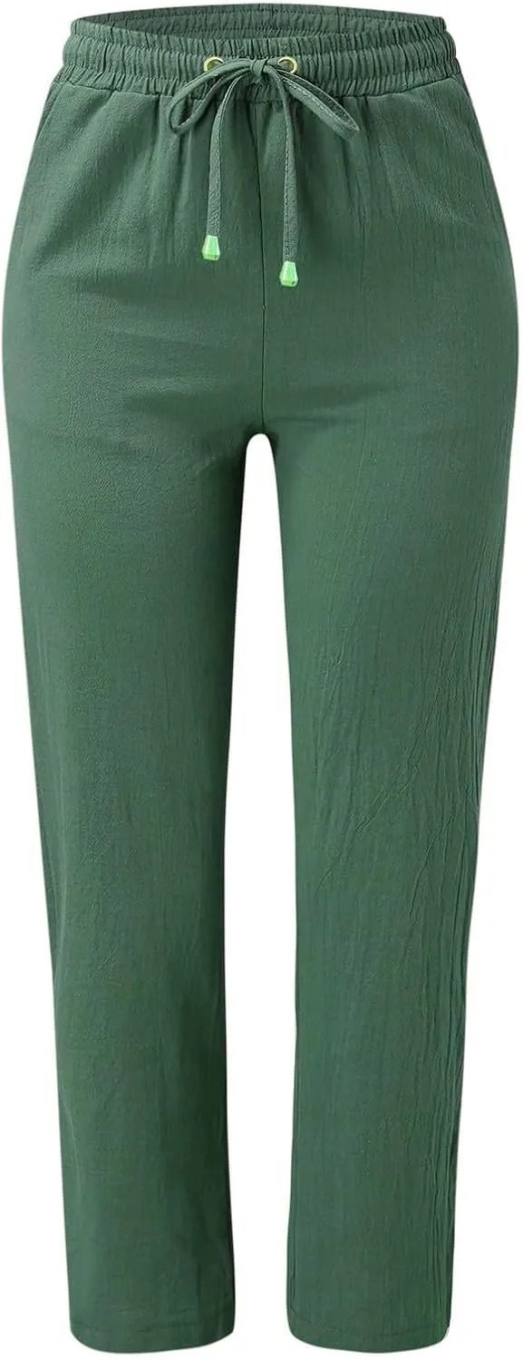 Womens Casual Cotton Linen Pants Lightweight Summer Relax Fit Elastic Waist Plus Size Solid Lounge Long Trousers