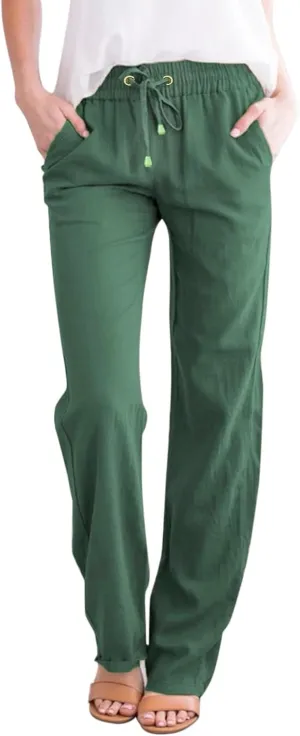 Womens Casual Cotton Linen Pants Lightweight Summer Relax Fit Elastic Waist Plus Size Solid Lounge Long Trousers