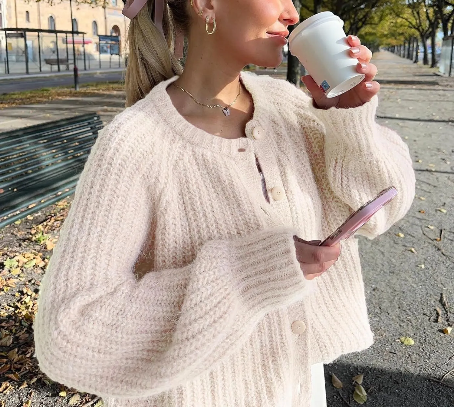 Women's Casual Long Sleeve Chunky Knit Open Front Crewneck Sweater Button Down Cardigan Outerwear Coats