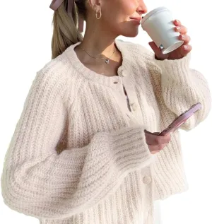 Women's Casual Long Sleeve Chunky Knit Open Front Crewneck Sweater Button Down Cardigan Outerwear Coats
