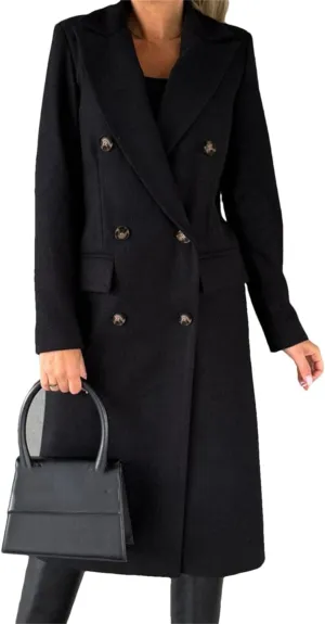 Women's Casual Long Sleeve Coat Wool Blend LApel Double Breasted Warm Mid-Length Coat Jacket