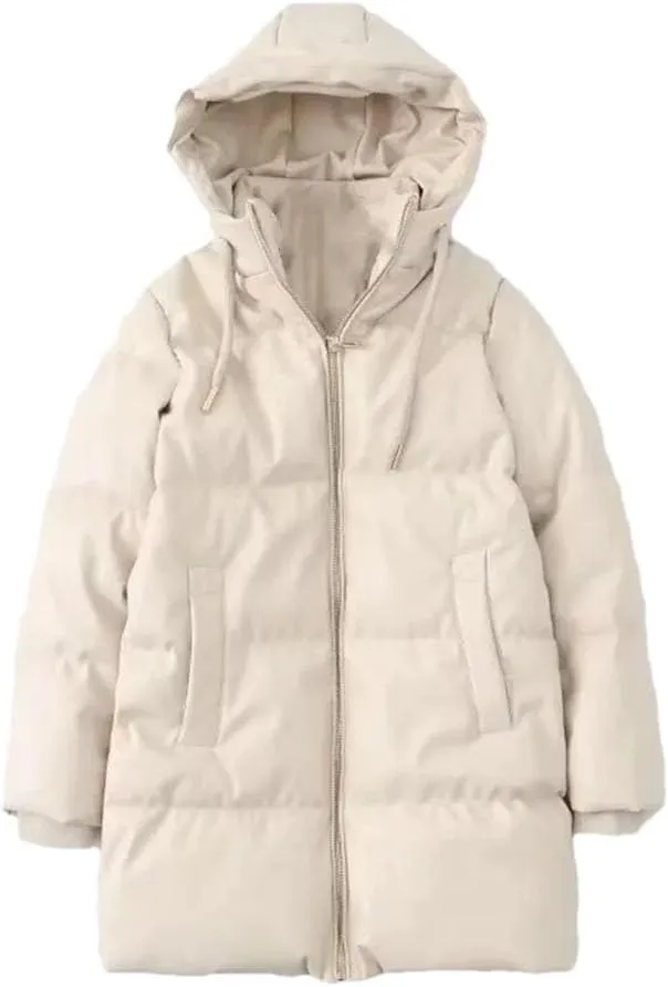 Women's Casual Solid Color Hooded Cotton Jacket Long Sleeved Loose Winter Down Puffer Coats