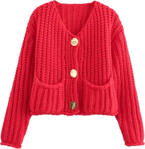 Womens Chunky Knit Cardigan Sweaters Long Sleeve Open Front Button Kitted Fall Jackets Coats