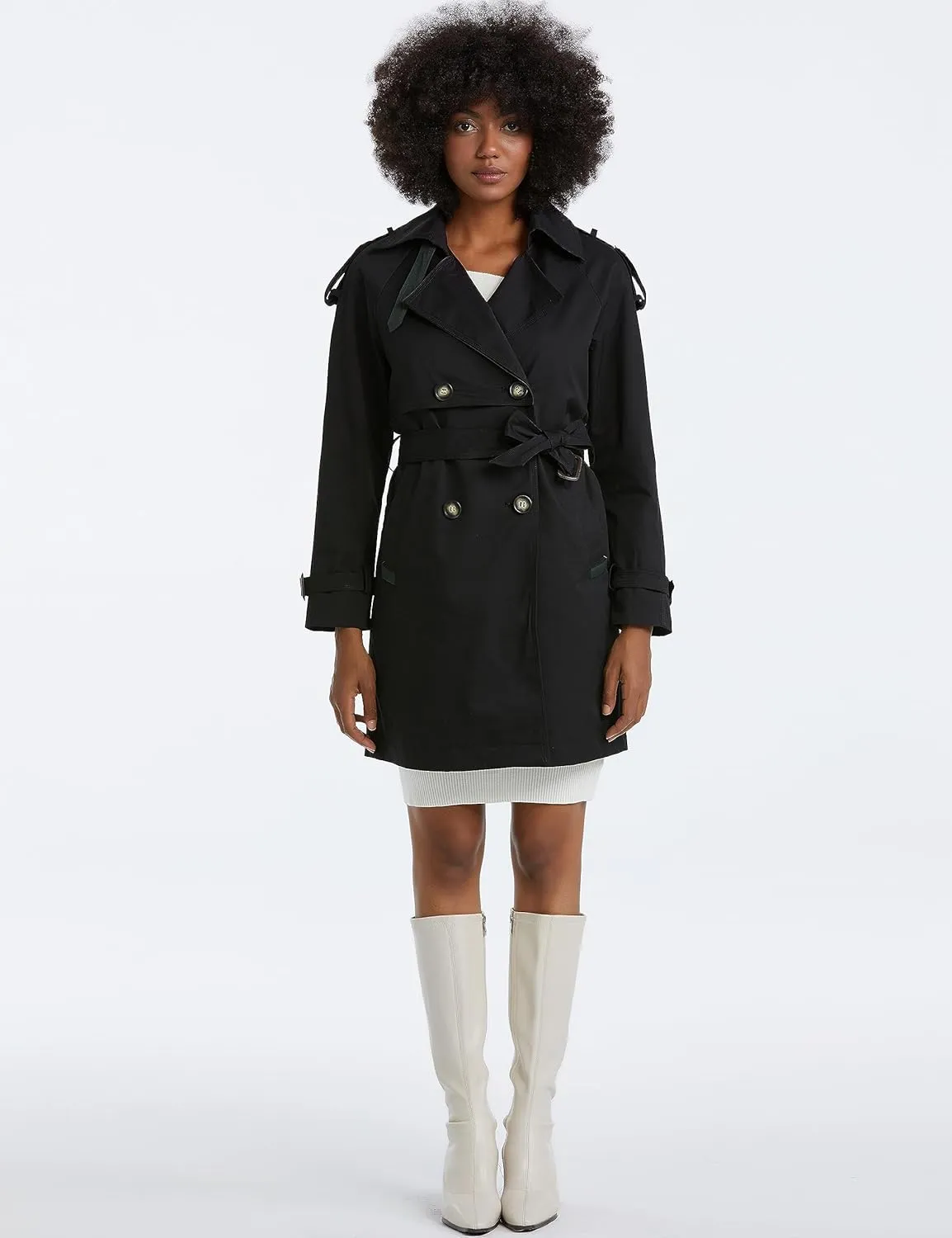 Women's Classic Double Breasted Trench Coat Mid Length Windbreaker Jacket Outwear with Belt