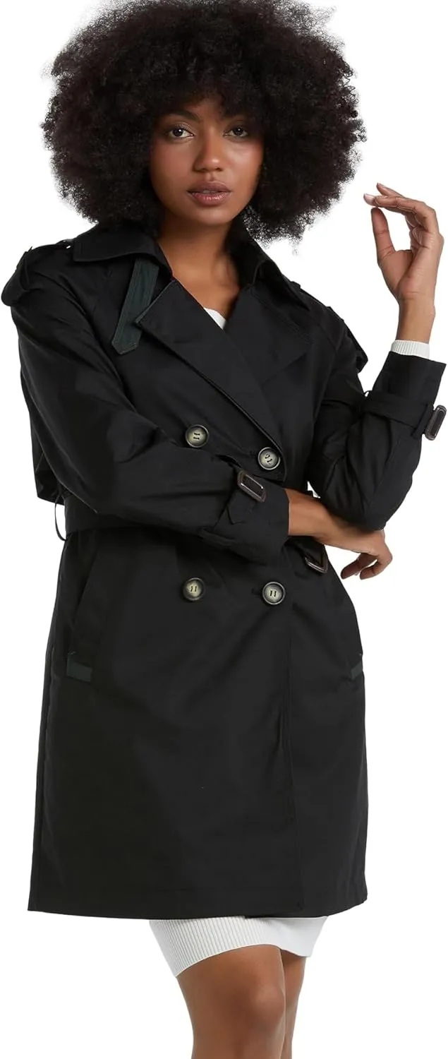 Women's Classic Double Breasted Trench Coat Mid Length Windbreaker Jacket Outwear with Belt