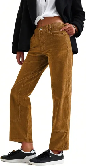 Womens Corduroy Pants Loose Mid Rise Pant Spring Fall Casual Straight Comfy Trousers with Pockets