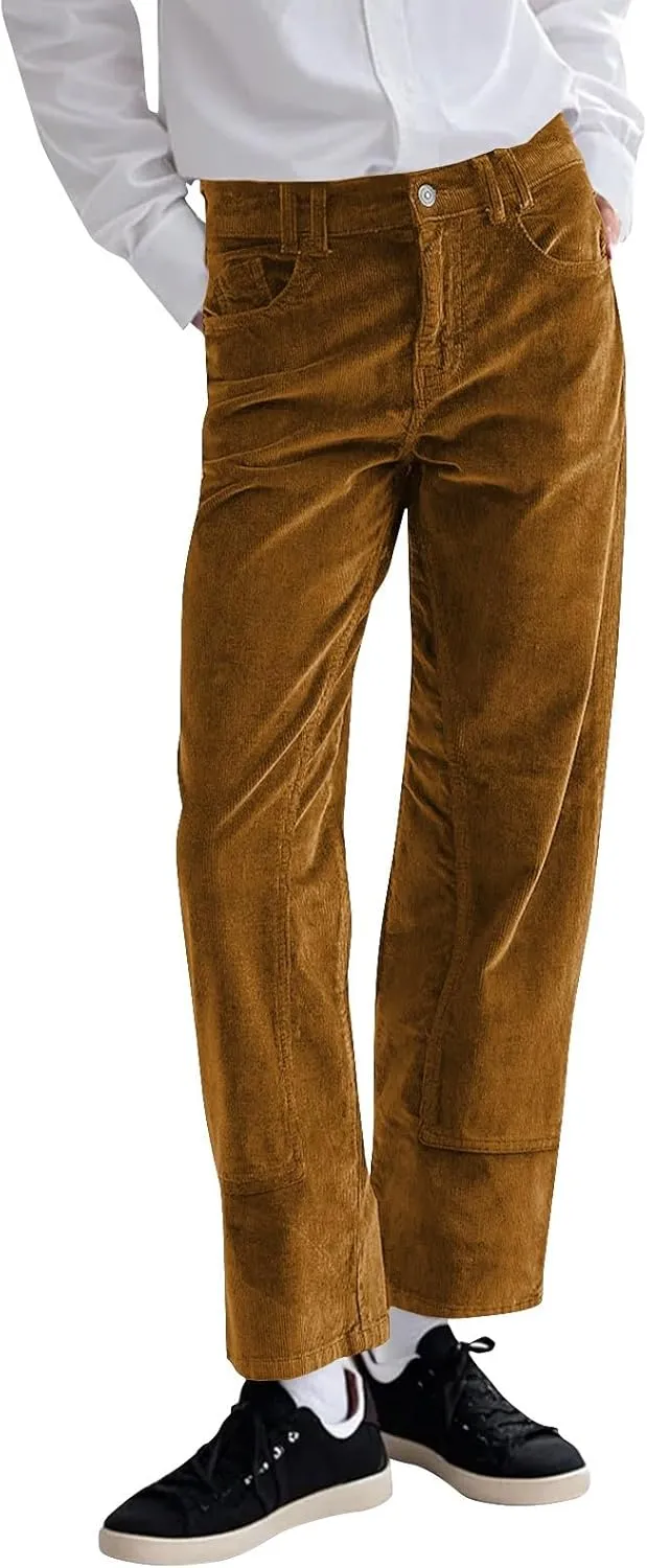 Womens Corduroy Pants Loose Mid Rise Pant Spring Fall Casual Straight Comfy Trousers with Pockets