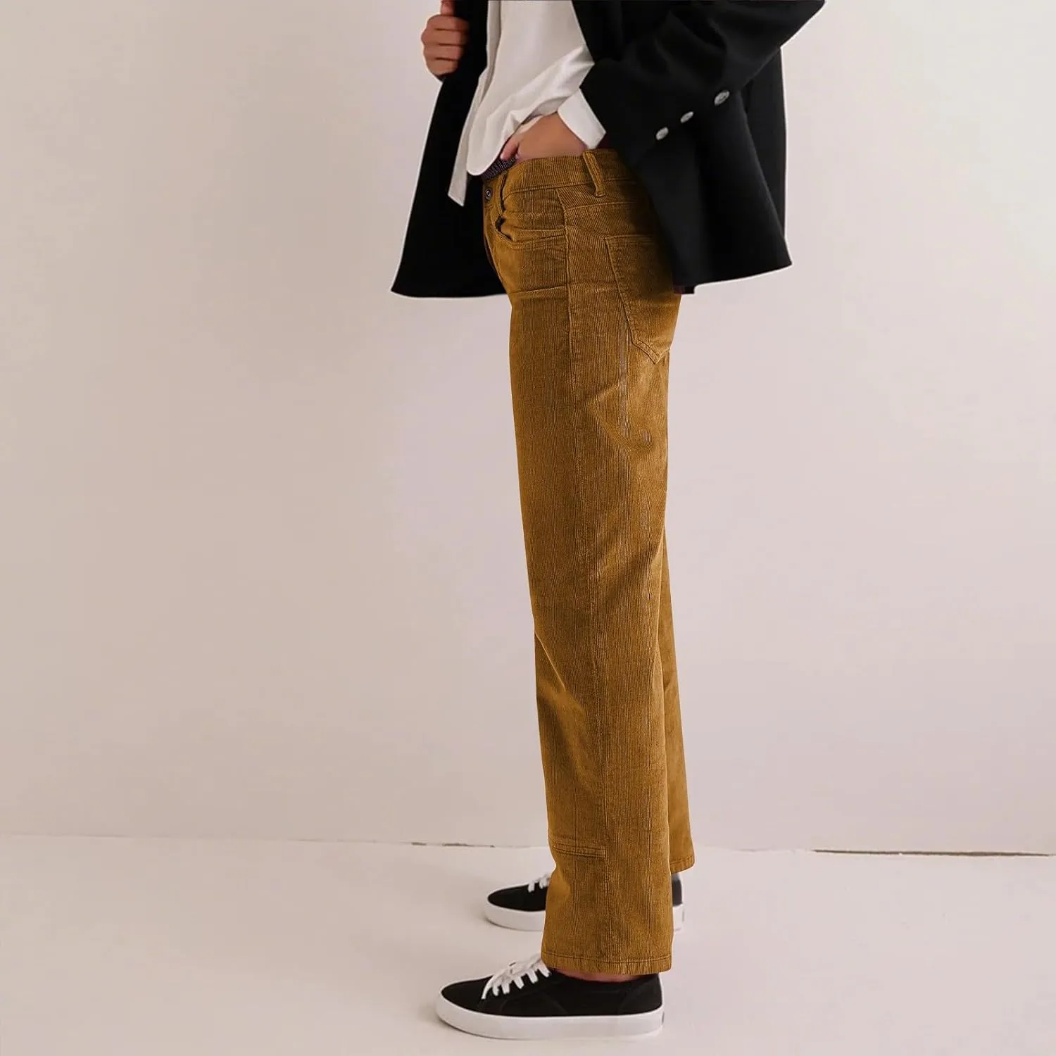 Womens Corduroy Pants Loose Mid Rise Pant Spring Fall Casual Straight Comfy Trousers with Pockets