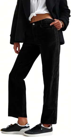 Womens Corduroy Pants Loose Mid Rise Pant Spring Fall Casual Straight Comfy Trousers with Pockets