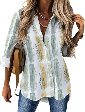 Women's Cotton Blend Long Sleeve Button Down Shirt Summer Casual Boho Vintage Floral Print Irregular Hem Tops