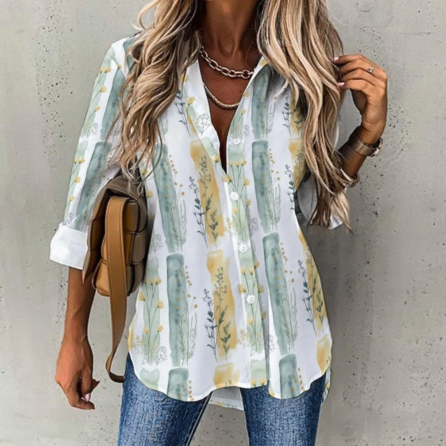 Women's Cotton Blend Long Sleeve Button Down Shirt Summer Casual Boho Vintage Floral Print Irregular Hem Tops