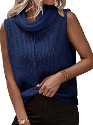 Womens Cowl Neck Knit Sweater Vest Sleeveless Casual Solid Trendy Turtleneck Ribbed Pullover Tank Tops
