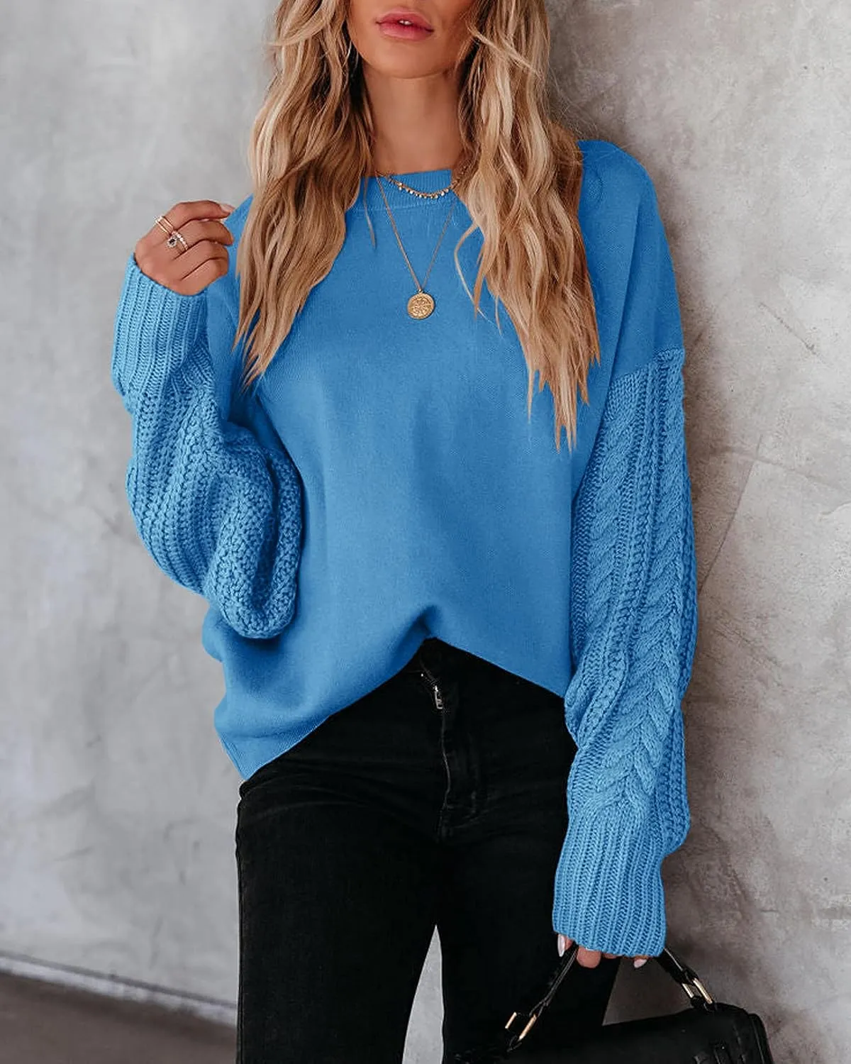Womens Crewneck Long Sleeve Pullover Sweaters Cable Knit Casual Loose Chunky Sweater Tops