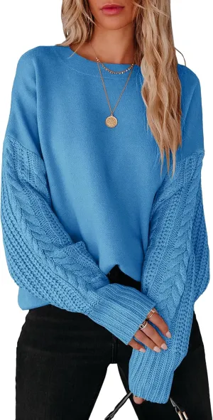 Womens Crewneck Long Sleeve Pullover Sweaters Cable Knit Casual Loose Chunky Sweater Tops