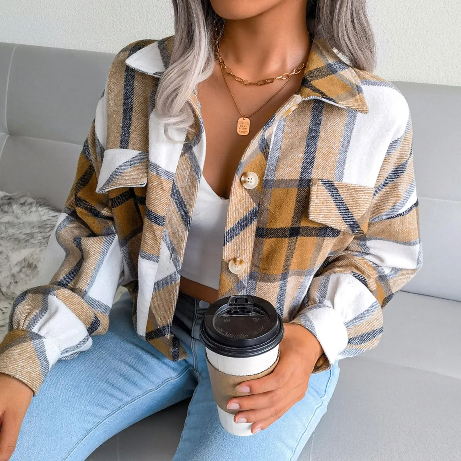 Womens Cropped Flannel Plaid Jacket Fashion Button Down Wool Blend Coat Long Sleeve Shacket Shirts Tops