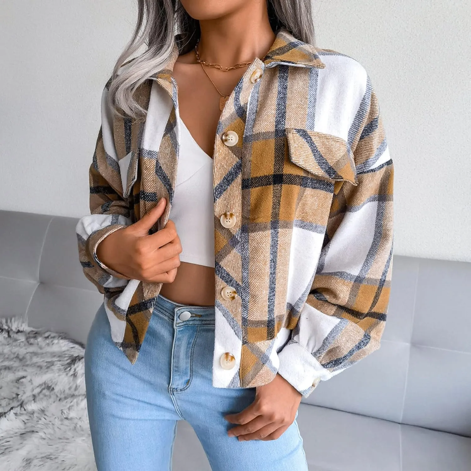 Womens Cropped Flannel Plaid Jacket Fashion Button Down Wool Blend Coat Long Sleeve Shacket Shirts Tops