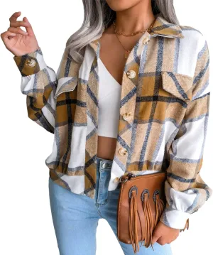 Womens Cropped Flannel Plaid Jacket Fashion Button Down Wool Blend Coat Long Sleeve Shacket Shirts Tops