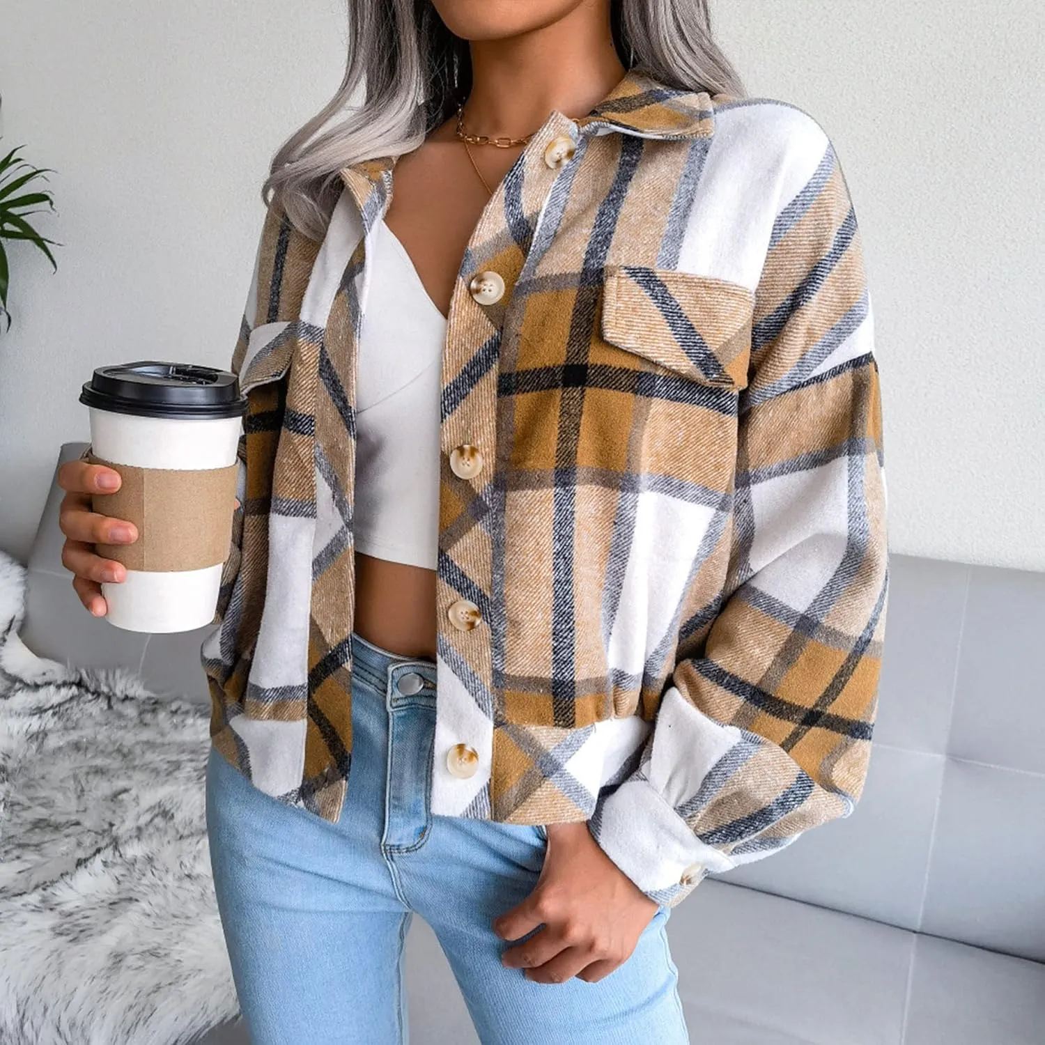 Womens Cropped Flannel Plaid Jacket Fashion Button Down Wool Blend Coat Long Sleeve Shacket Shirts Tops