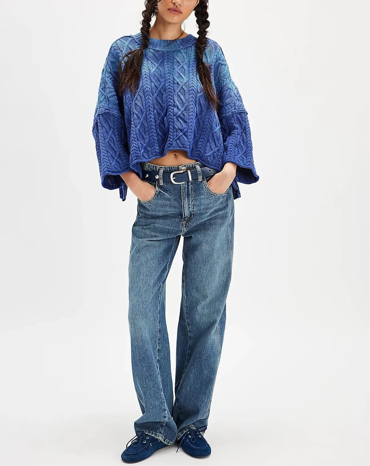 Womens Cropped Sweaters Crewneck 3/4 Sleeve Oversized Sweater Tie Dye Casual Y2k Lightweight Knit Tops Summer Pullover