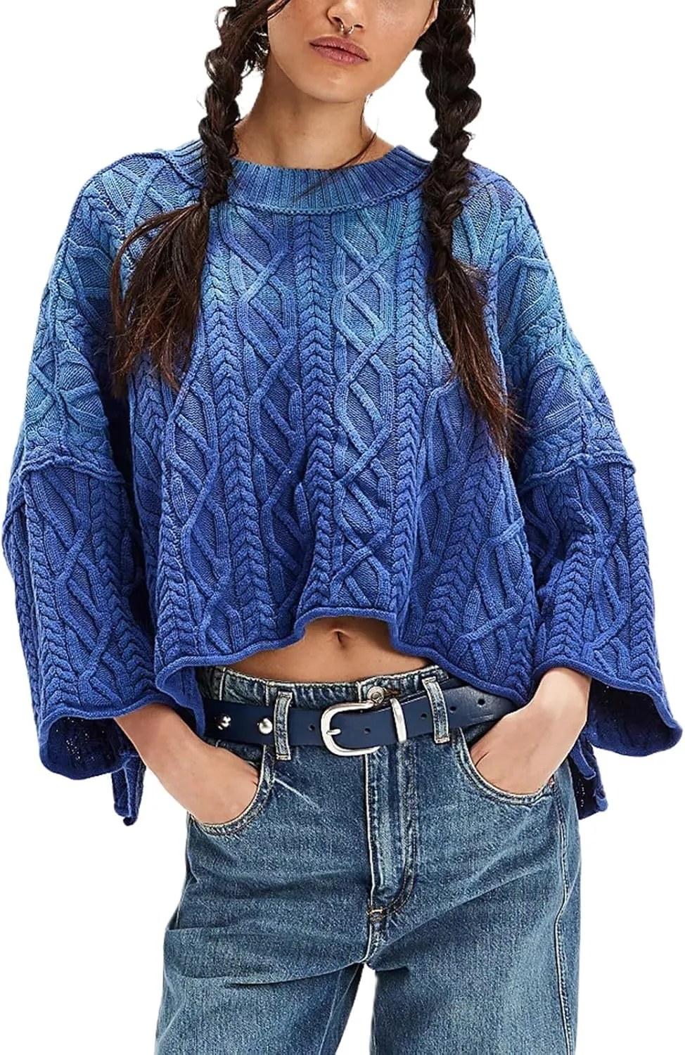 Womens Cropped Sweaters Crewneck 3/4 Sleeve Oversized Sweater Tie Dye Casual Y2k Lightweight Knit Tops Summer Pullover