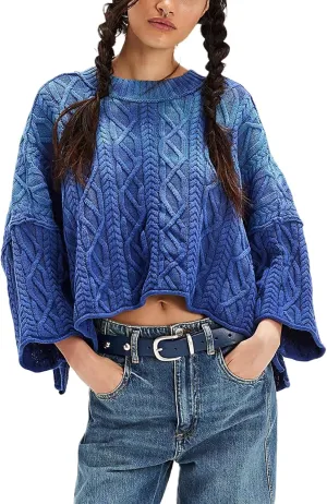 Womens Cropped Sweaters Crewneck 3/4 Sleeve Oversized Sweater Tie Dye Casual Y2k Lightweight Knit Tops Summer Pullover
