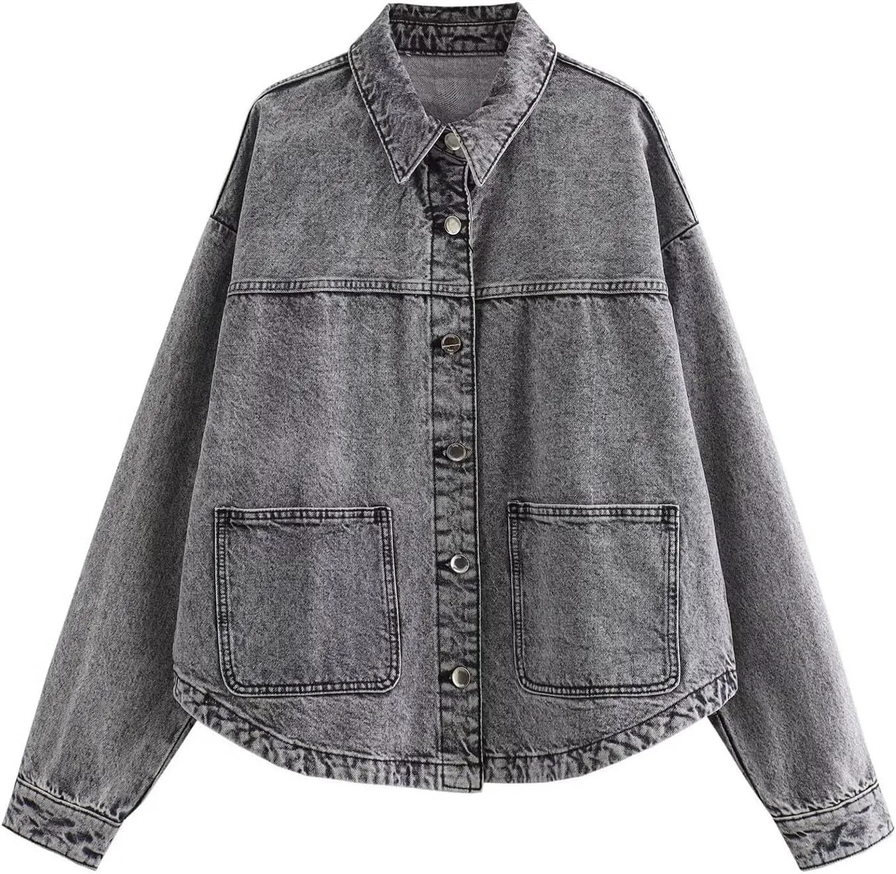 Womens Denim Jacket Button Up Jean Coat Collared Neck MidLong Solid Fashion Trucker Jacket with Pocket Casual Top