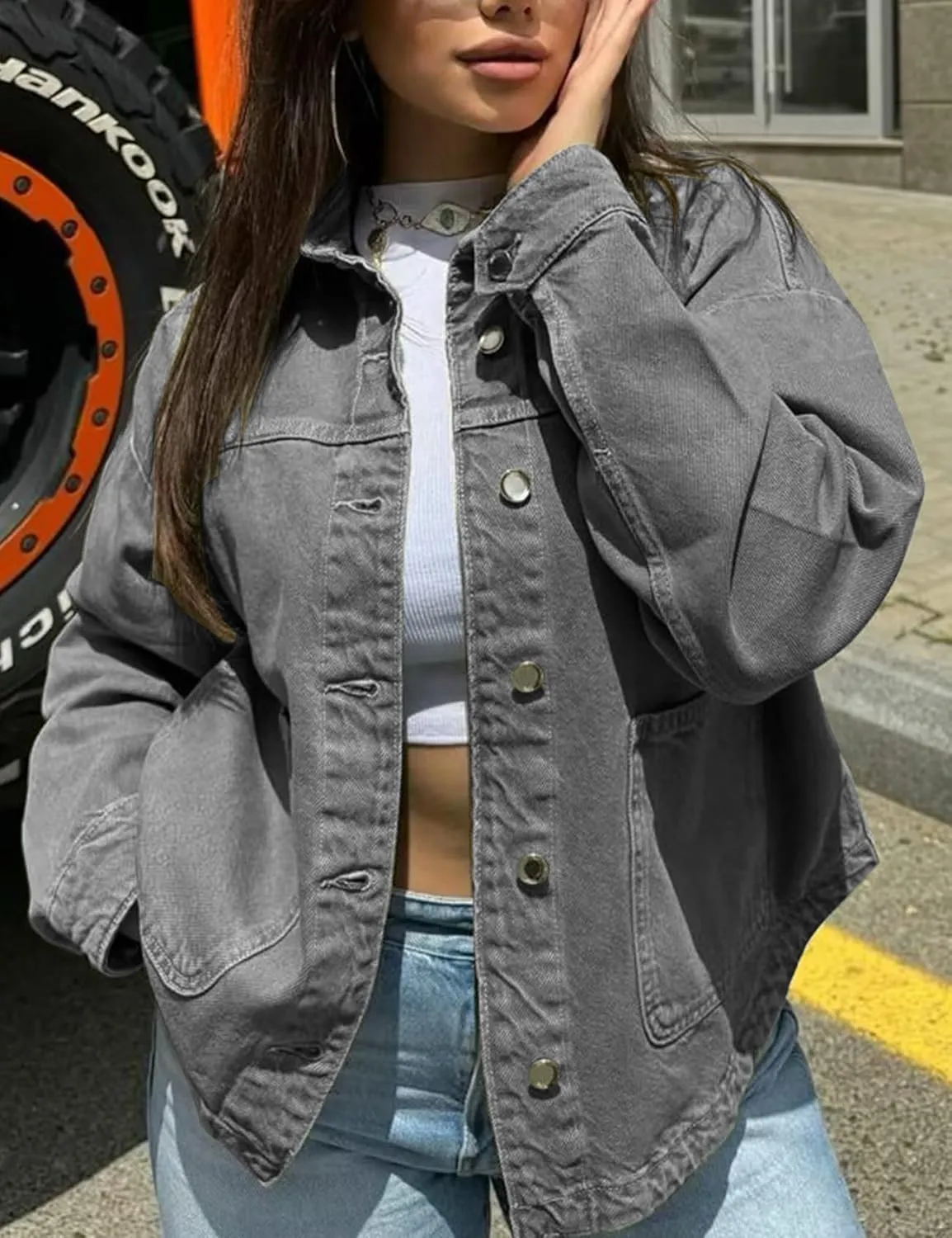 Womens Denim Jacket Button Up Jean Coat Collared Neck MidLong Solid Fashion Trucker Jacket with Pocket Casual Top