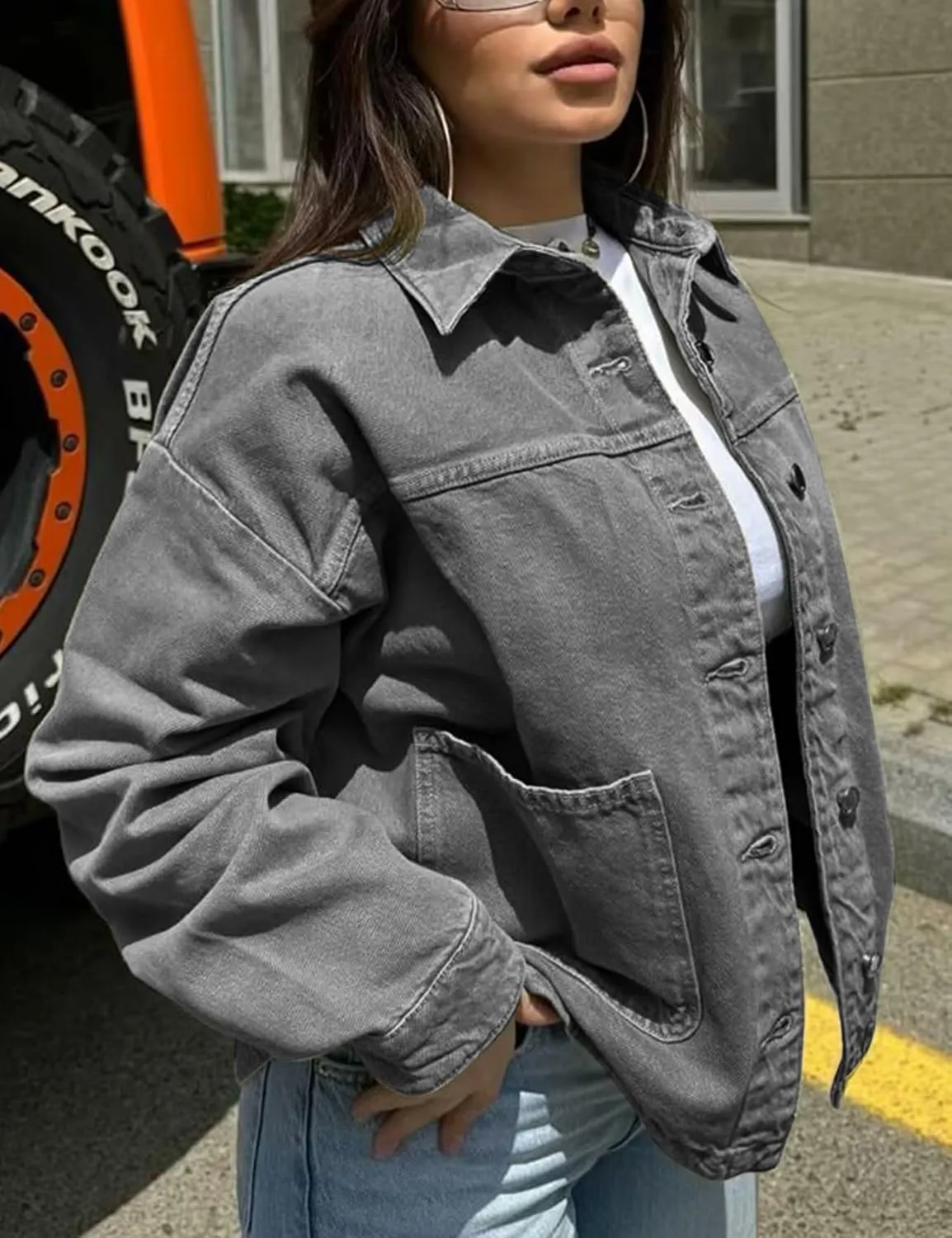 Womens Denim Jacket Button Up Jean Coat Collared Neck MidLong Solid Fashion Trucker Jacket with Pocket Casual Top