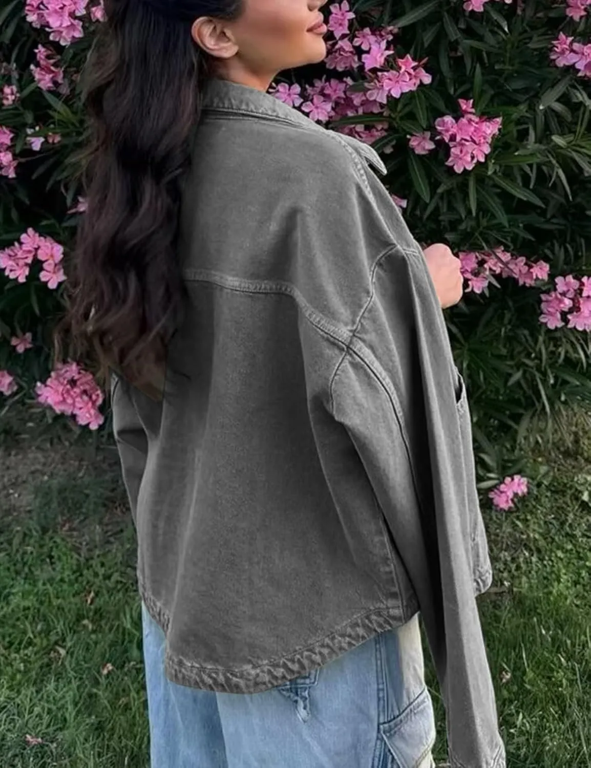 Womens Denim Jacket Button Up Jean Coat Collared Neck MidLong Solid Fashion Trucker Jacket with Pocket Casual Top