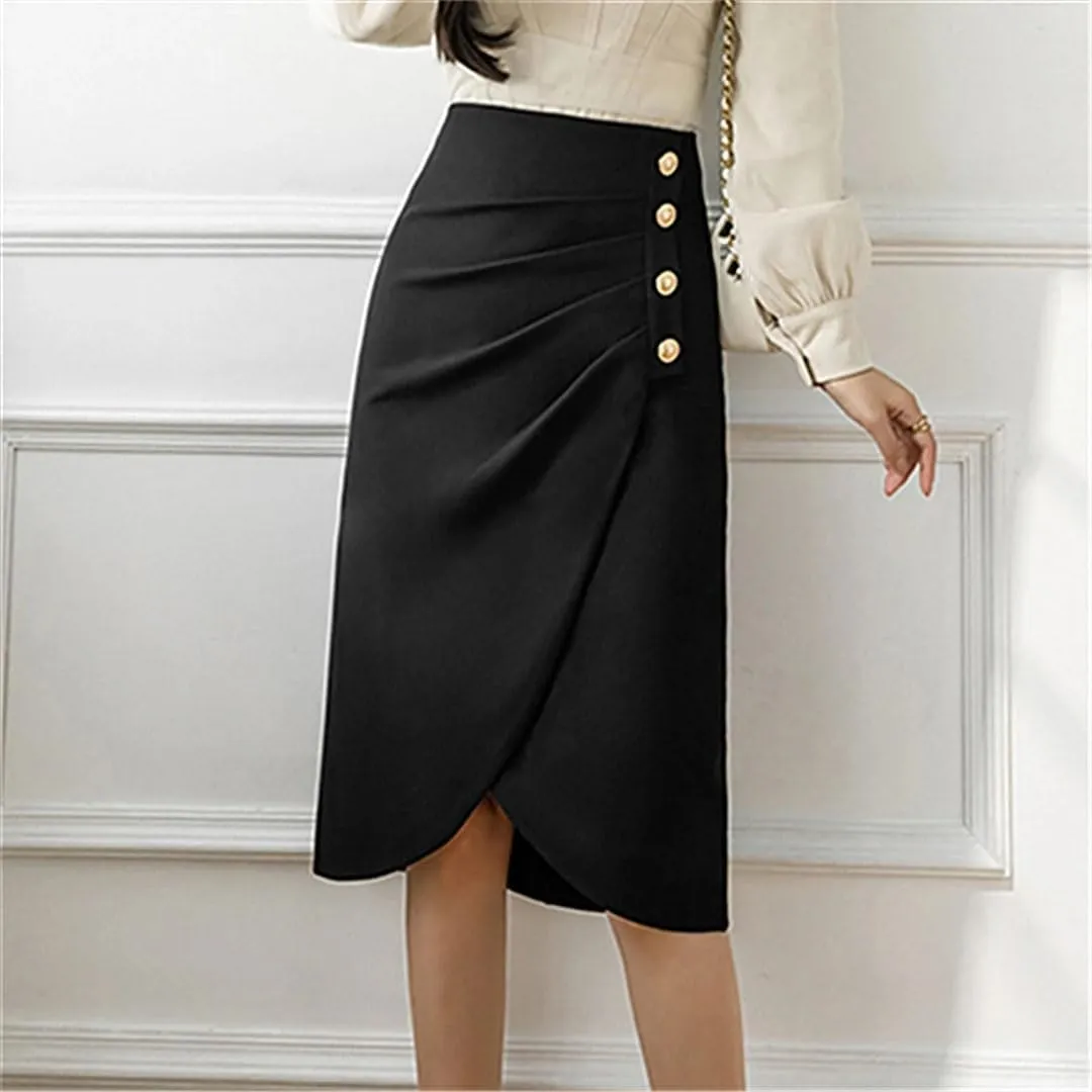 Women's Elegant Buttons High Waist Solid Ladies Straight Skirts