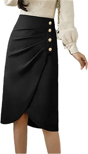 Women's Elegant Buttons High Waist Solid Ladies Straight Skirts