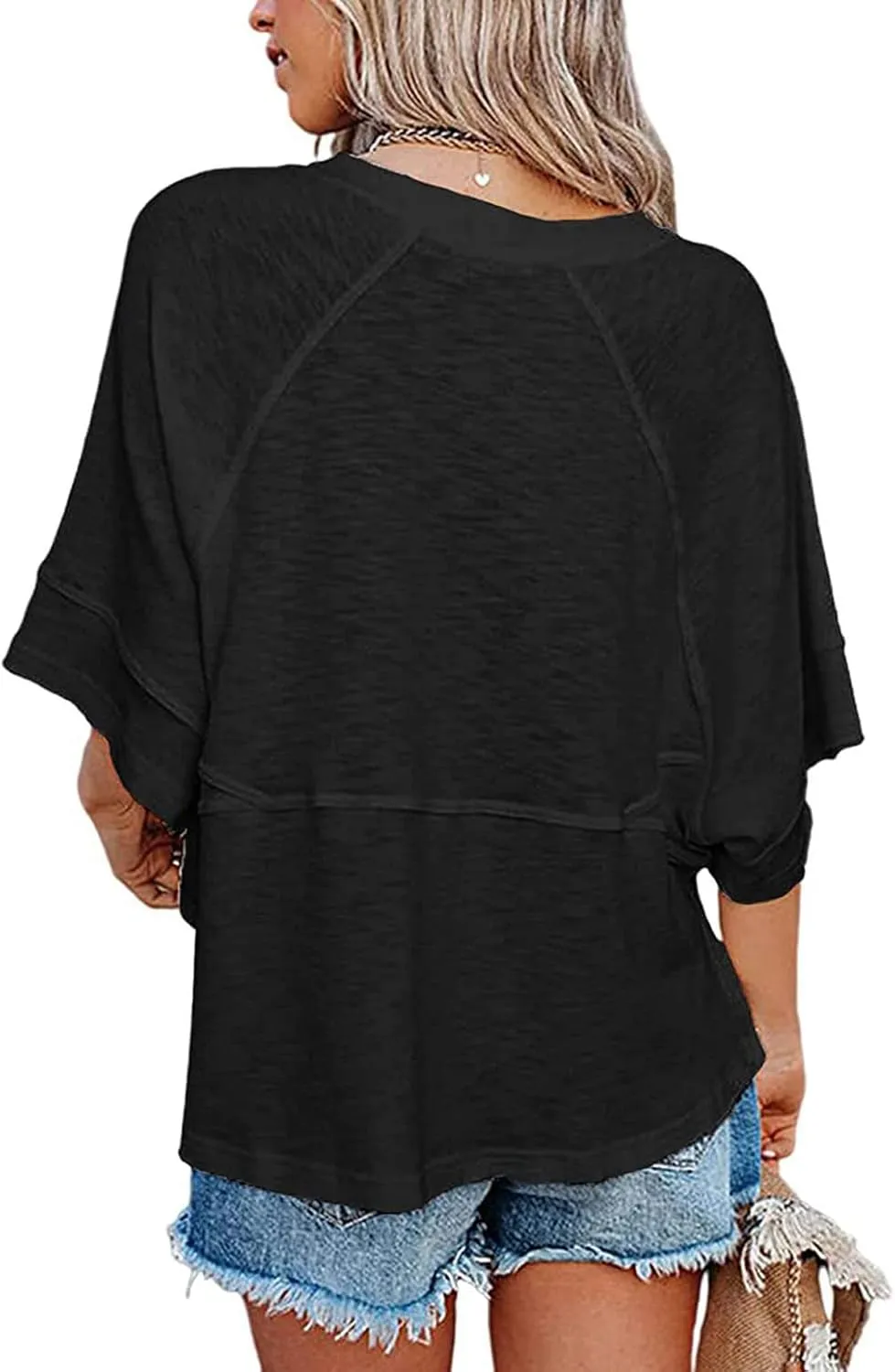 Women's Fashion Casual T Shirt Round Collar 3/4 Sleeve Plain Color Tees Summer Tops Blouses